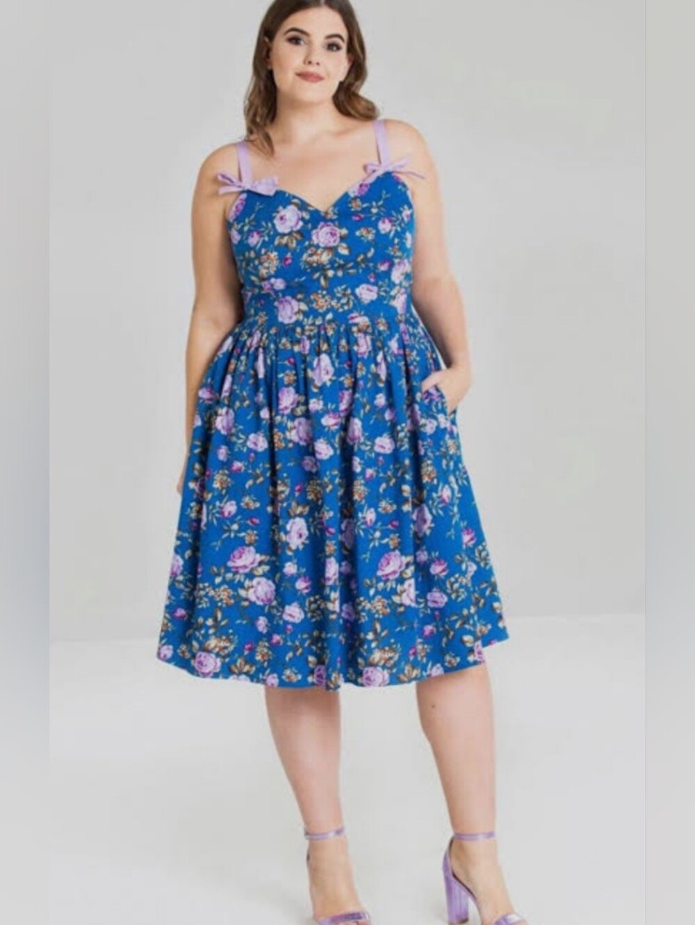 Hell Bunny Violetta 50s Floral Dress Blue/Lavender Sweetheart Midi